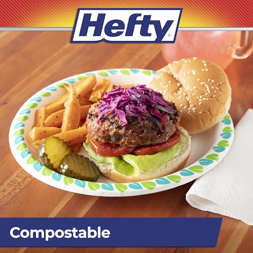 Hefty 8.6 Inch Compostable Paper Plates - Pack of 30, Patterned, Microwave Safe, Soak-Resistant, Plant-Based, Disposable Party Plates