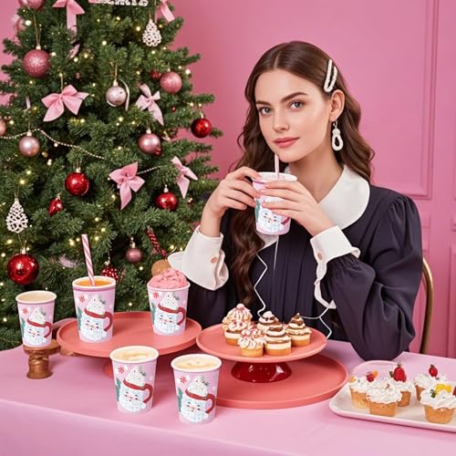 Christmas Paper Cups 50 Pack - Pink Santa Claus Disposable Drinkware, 9 oz Holiday Party Supplies