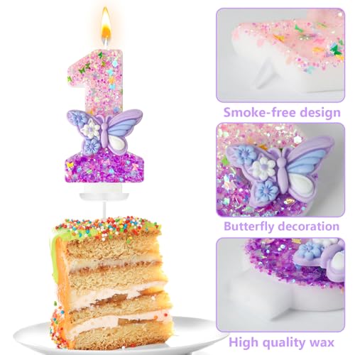 HXOUSE Butterfly Number 1 Birthday Candle - Pink & Purple Cake Topper