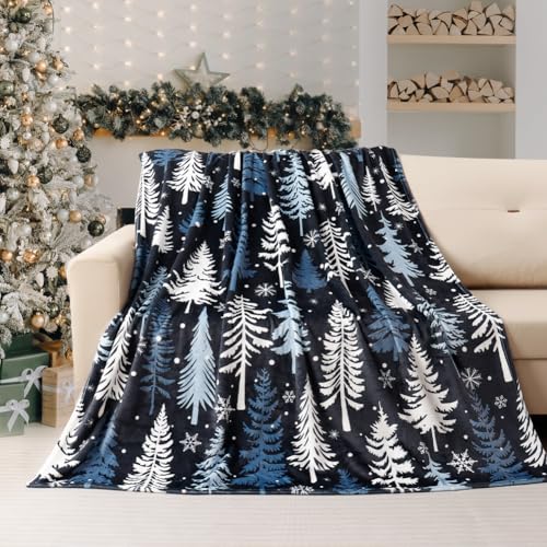 Dark Blue Christmas Throw Blanket Snowflake Tree Fleece 50x60 Inches - Cozy Holiday Gift