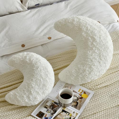Moon Shaped Faux Fur Throw Pillow - Soft Decorative Half Moon Cushion, White