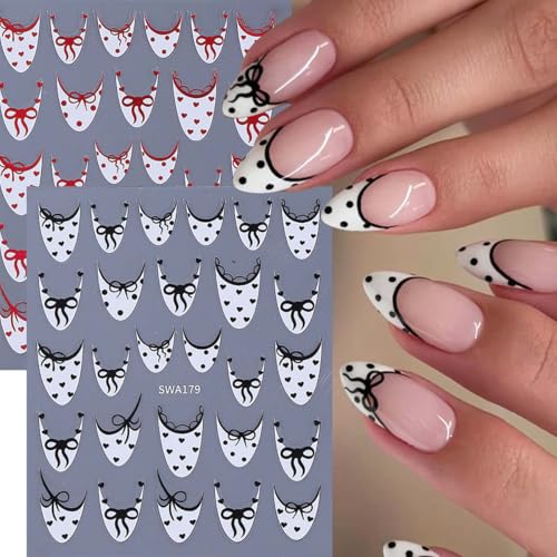 French Nail Stickers 6 Sheets Self-Adhesive Red Black Bow Heart Decals