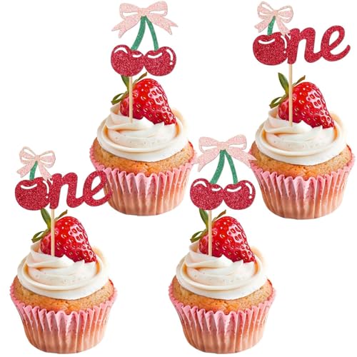 24 Cherry Cupcake Toppers with Bows - Glittery Birthday Party Decor