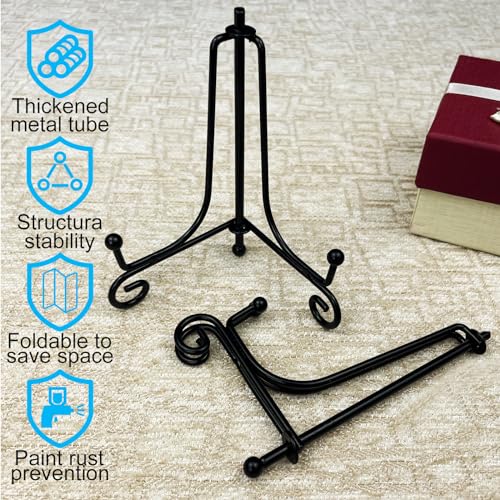 HENABLE 4-Inch Decorative Black Iron Plate Stands - 4 Pack Mini Easel Holders for Plates, Frames, and Cards
