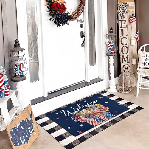 Patriotic Floral Welcome Door Mat 17"x30", American Flag Glass Bottle