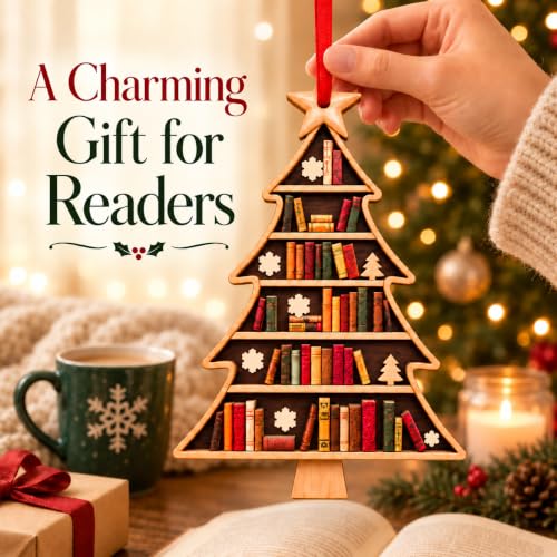 Book Lovers Christmas Tree Ornament - Wooden Book Stack with Snowflakes - Book Tree 1