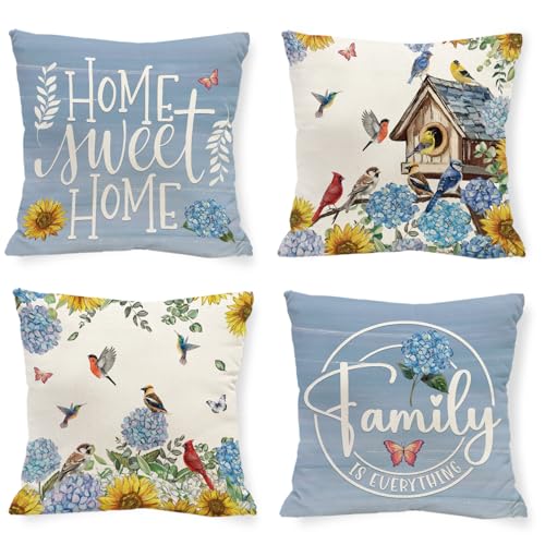 Hydrangea Birdhouse Throw Pillow Covers - Set of 4, 18x18 Inch