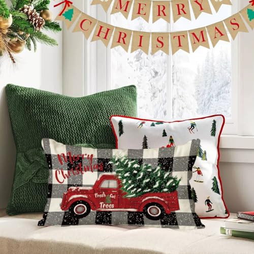 RABUSOFA 12x20 Red Truck Christmas Pillow Cover - Buffalo Plaid