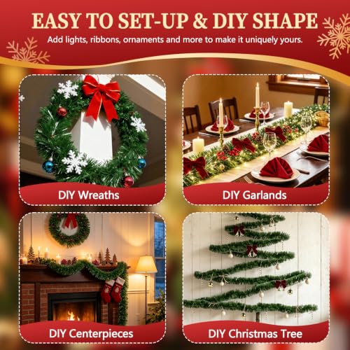 200FT Green Christmas Garland Decorations - 4 Pack, Indoor Outdoor PET
