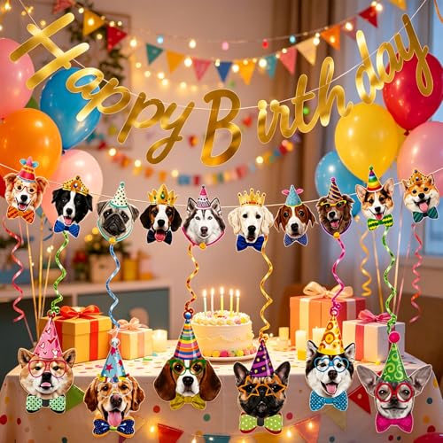 Dog Birthday Banner Set with Gold Glitter & Decorations