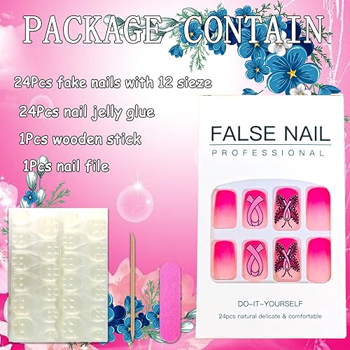 Onsdag Pink Press on Nails Short Square Glossy Butterfly False Nails