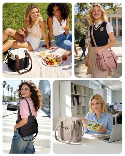 BAGSMART Insulated Double Deck Lunch Bag - Large Reusable Tote in Nude Pink