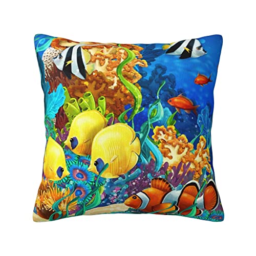 Watercolor Marine Life Throw Pillow Cover - 18x18 Inch Colorful Fish Design