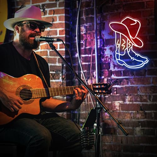 Cowboy Boot Neon Sign with Cowboy Hat - Western Wall Decor for Bedroom, Bar, Office, Man Cave - Variation CBB1