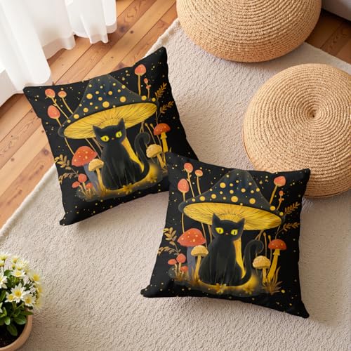 Whimsical Mushroom & Black Cat Pillow Cover - 18x18 Inch Cushion Case for Sofa & Bed