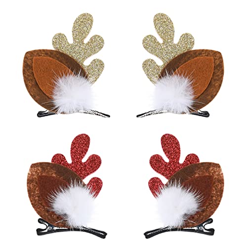 WLLHYF Christmas Reindeer Antler Hair Clips 4-Piece Set with Pom Balls