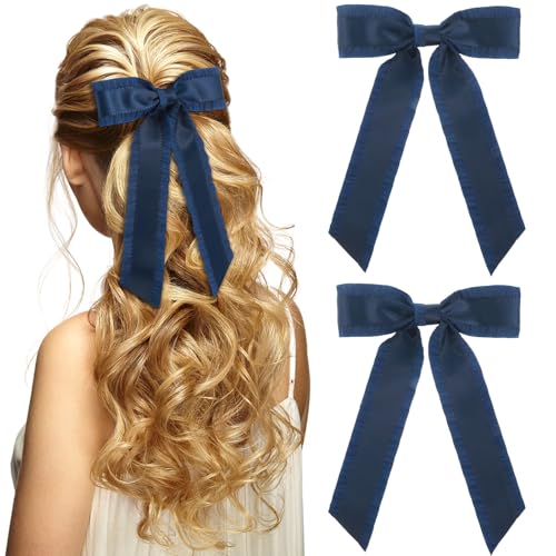 Navy Blue Hair Bows with Long Tassel Ribbons 2Pcs Hair Clips