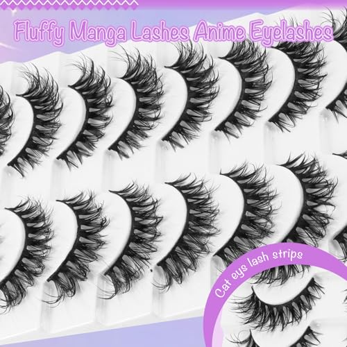 Klfoho 10 Pairs Wispy Cat Eye False Eyelashes Wet Look Manga Lashes
