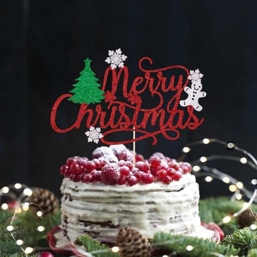 Merry Christmas Cake Topper Red Glitter Holiday Party Decoration