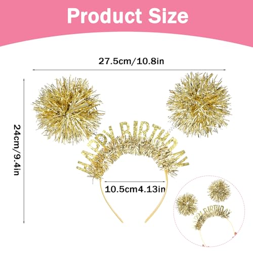 Happy Birthday Headband Pom Pom Tiara Crown for Girls and Women