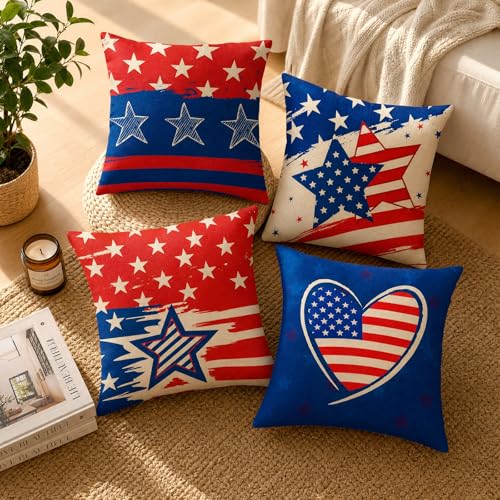 Patriotic 18x18 Linen Pillow Covers Set of 4 - Stars & Stripes