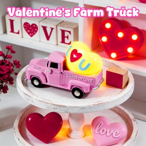 Valentine's Day Resin Mini Truck Light-Up Pink Heart Tabletop Decor