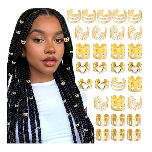 NAISKA 30Pcs Gold Hair Cuffs and Dreadlock Beads for Braids