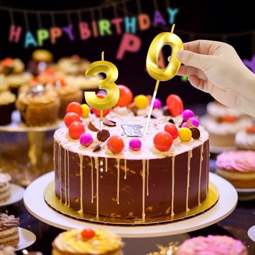 Gold Number 30 Birthday Candles - Elegant Cake Topper Set