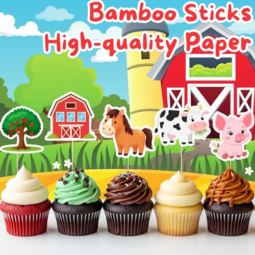Farm Animal Cupcake Toppers 24 pcs - Farm Theme Party Decorations with Cow, Sheep, Chicken, Horse, Pig, Tractor, Tree & House Design