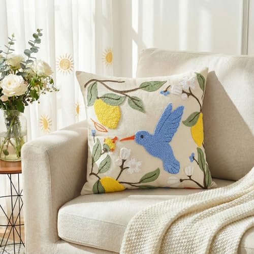 AVOIN colorlife Floral Lemon Hummingbird Embroidered Pillow Cover 18x18
