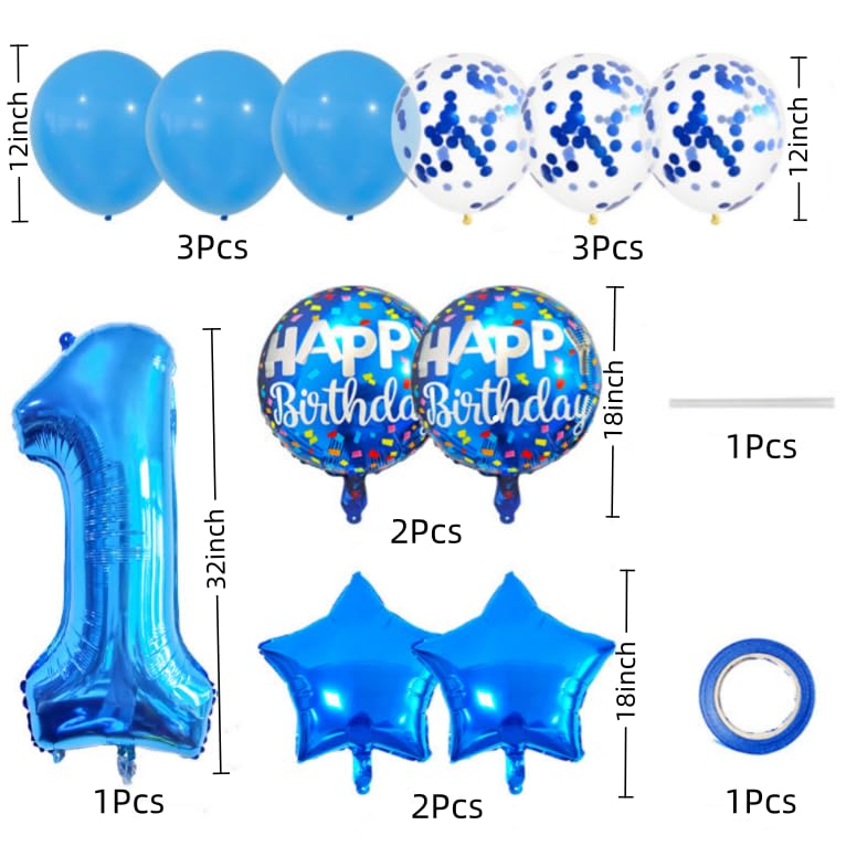 1st Birthday Balloon Decoration Set - Blue Number 1 Foil Balloon Kit