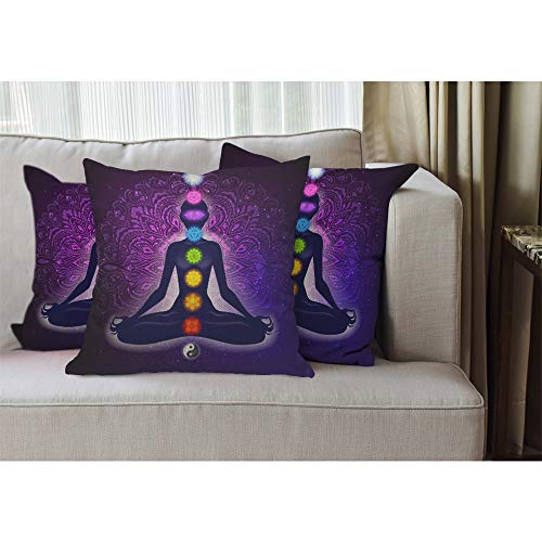 EKOBLA Multi-a325 Meditating Woman Lotus Pose Pillow Cover, 18x18 Inch Cotton Linen, Colorful 9 Chakras Design