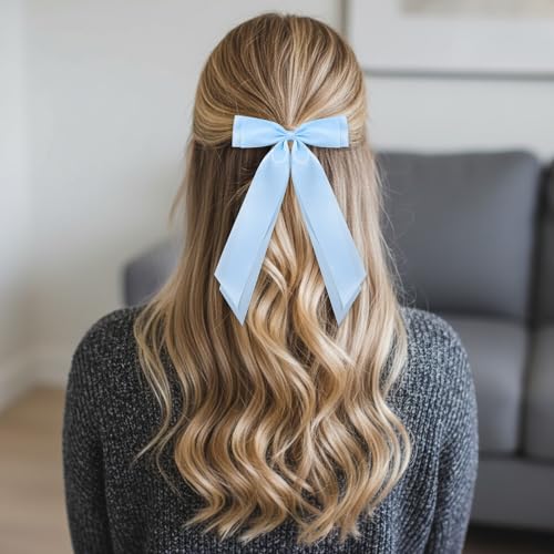 Light Blue Hair Bow Clips with Long Tails 2-Pack Satin Ribbon Barrettes