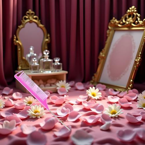 Pink Carbon Fiber Metal-Pin Rat Tail Comb for Hair Styling and Parting