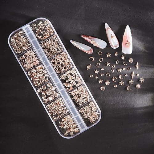 BUNNIEBEAUTY Rose Gold Nail Charms Kit with Star and Moon Shapes, Tweezers, and Pick-Up Pencil