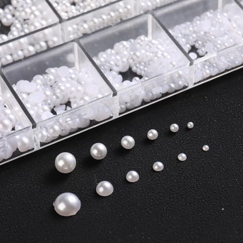 SUTOKAKA White Round & Half Round Nail Pearls 3D Flatback Charms
