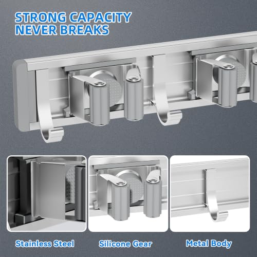 Reliahom 1 Pack Broom Holder Wall Mount with 4 Racks & 5 Hooks - Gray