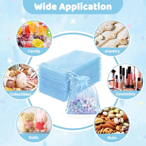 FUNFERY 100-Pack Baby Blue Organza Bags, 3x4 Inch Small Mesh Drawstring Gift Bags