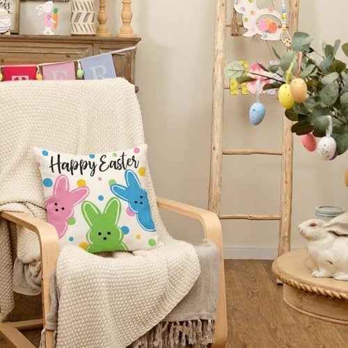 AACORS Easter Pillow Cover 18x18 - Colorful Bunnies & Polka Dots