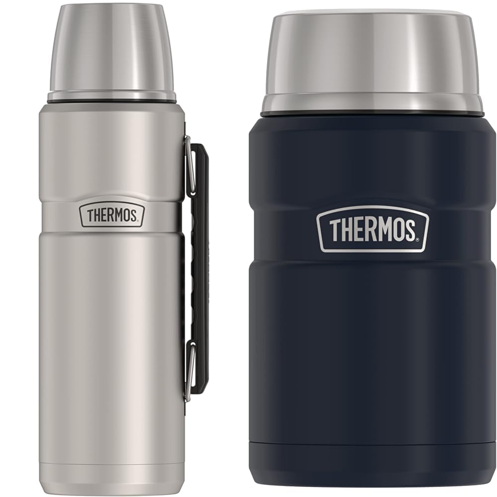 THERMOS Stainless King Vacuum-Insulated Beverage Bottle, 40 Ounce, Matte Steel & Stainless King Vacuum-Insulated Food Jar, 24 Ounce, Midnight Blue