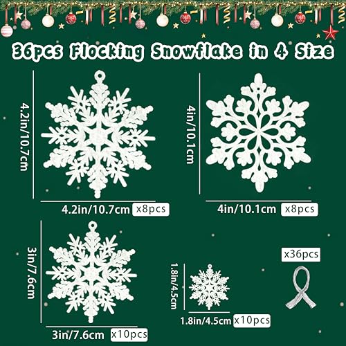 Indoor Christmas Snowflake Decorations Flocked White Set - 36pcs Velvet Ornaments for Holiday Tree & Winter Decor