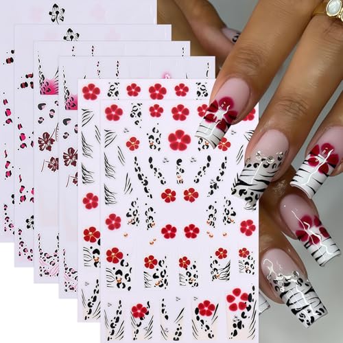 Leopard Print Nail Art Stickers 3D Self-Adhesive French Lines & Hibiscus Flowers