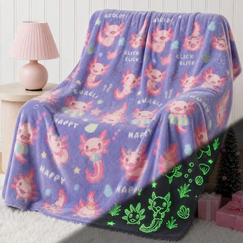 Purple Glow in The Dark Axolotl Throw Blanket 50x60 Inches - Kids Bedroom Decor