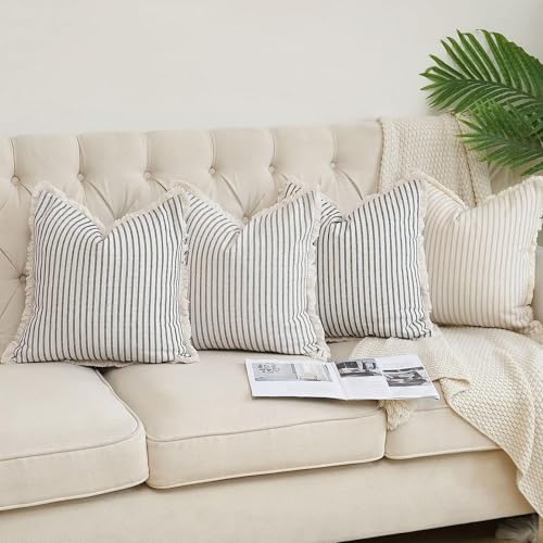 Set of 2 18x18 Inch Farmhouse Boho Throw Pillow Covers with Tassels - Neutral Cotton Decor