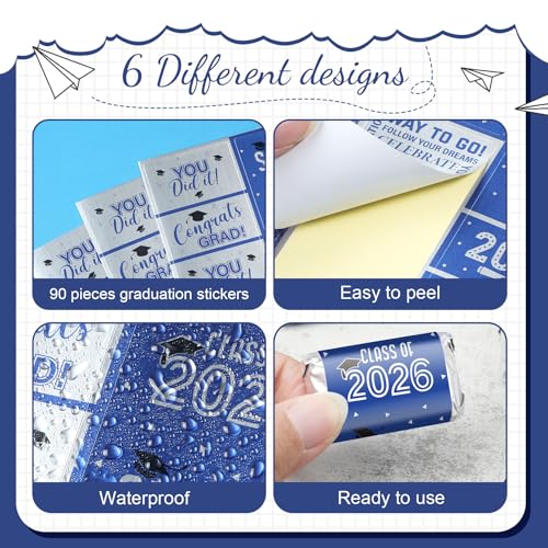 90 Pcs Graduation 2026 Sticker Labels for Candy Bars - Blue & White