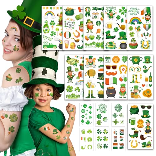 St. Patrick's Day Temporary Tattoos - 145 Pcs Shamrock & Gnome Designs