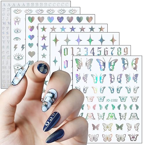 Vezocim 7 Sheets Silver Nail Art Stickers 3D Butterfly Heart Decals