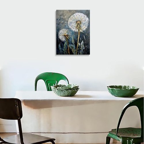 Dandelion Canvas Wall Art - Framed Wildflower Botanical Painting | Serene Blue Gray Decor, 12x16 Inches