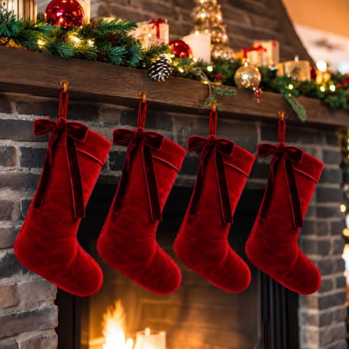 Christmas Velvet Stockings Set - 18 Inch Burgundy Red Holiday Decorations