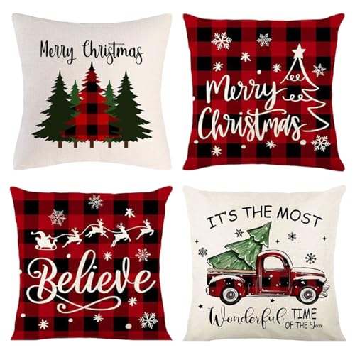 Red-Black Christmas Pillow Covers, 18x18 Inch Linen Throw Pillowcase - Set of 4